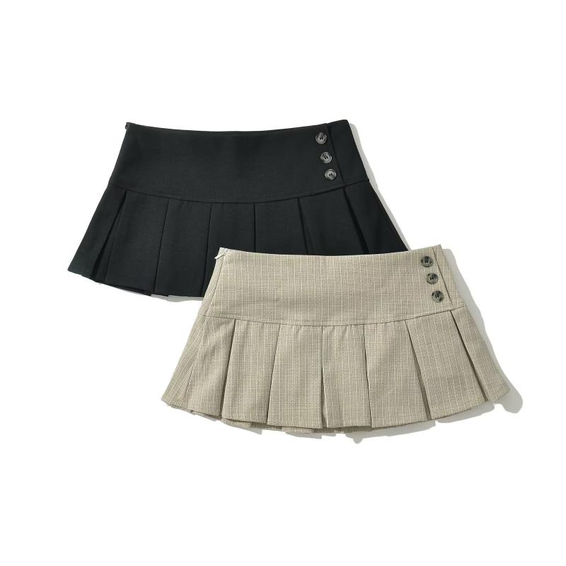 レディース ミニスカート 学院風 条紋 Aライン プリーツ 半身スカート コットン 素材 低腰 防走光 ボタン 装飾 セクシー スタイル カジュアル 普段使い かき色 ブラック カラーバリエーション 軽量 通年使用 かわいい デザイン ハイウエスト 代替