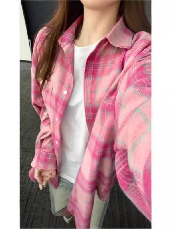 レディース ピンク 格子柄 長袖 シャツ トップス 春秋 秋冬 薄手 韓国風 ゆったり ルーズ ポロカラー 防晒 撥水 ポリエステル 中長丈 ゆったりシルエット ラフ スタイル 快適 日常使い 軽量 吸湿速乾