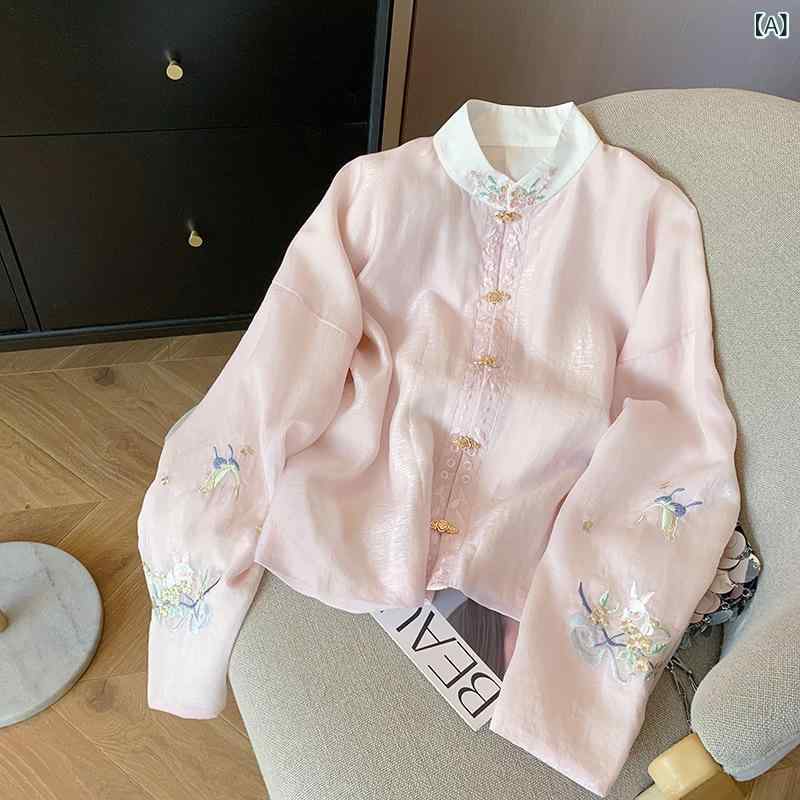 レディース シャツ トップス ピンク 刺繍 立襟 長袖 春夏 国風 優しい 甘め 気質 軽量 シルク 混紡 立体装飾 ゆったり セットインスリーブ 都市 通勤 普段使い