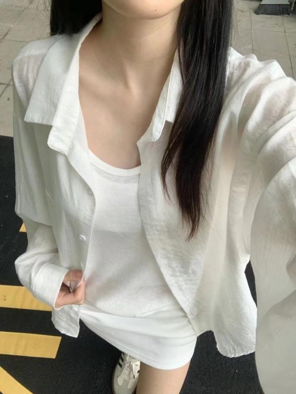長袖 シャツ 女性用 夏用 防紫外線 薄手 開襟 ポロ襟 ポリエステル ポリエステル繊維 ワイドフィット ゆったり スリム レイヤード トップス 軽量 吸湿速乾 接触冷感 純色 杏色 ホワイト 単排ボタン 学院風 清新 甘い 快適 カジュアル 日常使い