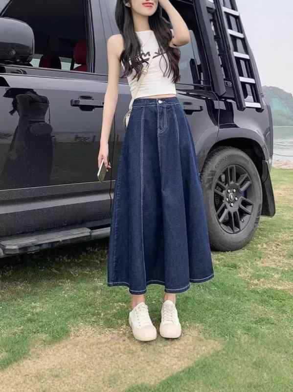スカート 女性用 中長丈 秋冬 大きいサイズ 高腰 スリム ゆったり リラックス ゴムウエスト Aライン 傘型 デニム 綿 ポリエステル 無地 ポケット 深青 ライトブルー 街着 欧米風 気質 イージーケア 無弾性 日常使い トレンド コーディネート