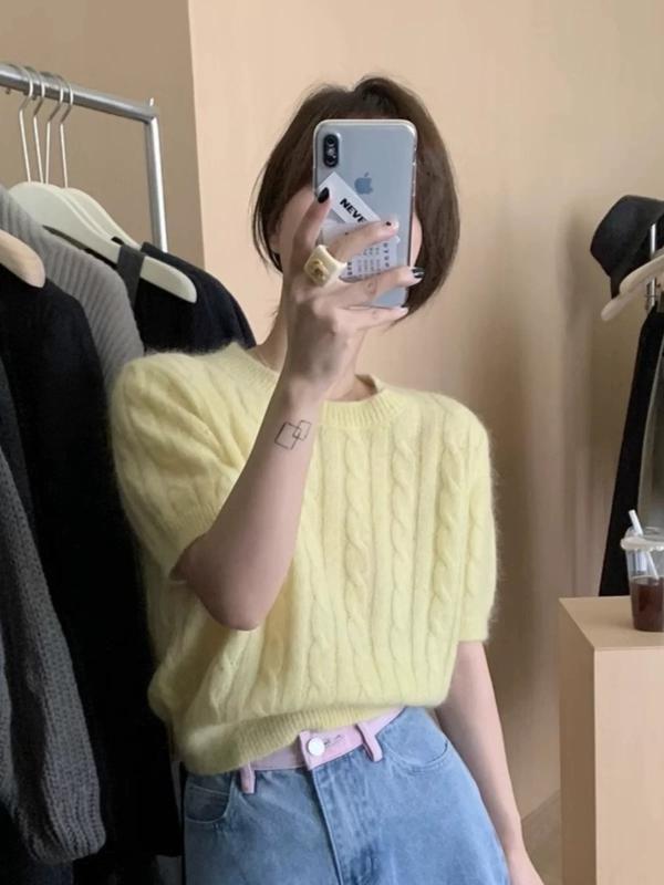春夏 女性用 丸首 100% 羊毛 ニット ケーブル柄 半袖 トップス ソフト 汎用 ショートスリーブ Tシャツ 綿素材 軽量 伸縮性 吸湿速乾 清新 甘美 プリンセス風 通常丈 通常シルエット 白色 黄色 ピンク系 通常厚 単品 通常袖 S M L X 6,937円