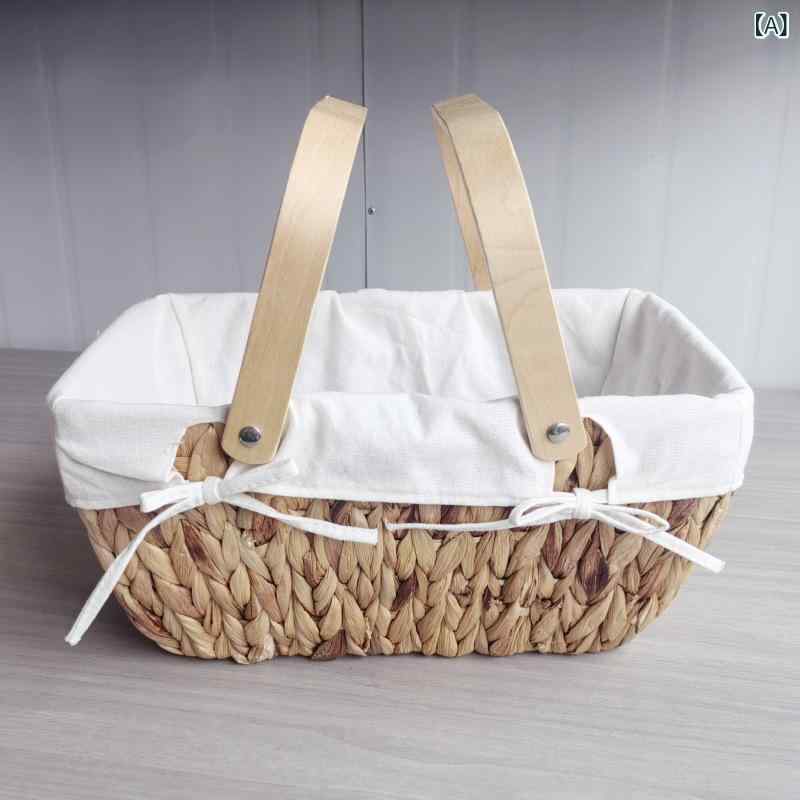 収納バスケット 草編み 手提げ ピクニック キャンプ用 手工 法式 ワイヤーバスケット 果物入れ 野菜入れ 化粧品収納 ジュエリーケース 書籍入れ ワイヤー整理 軽量 耐久性 自然素材 白内布 ブルーチェック内布 レッドチェック内布 37.5cmx25c