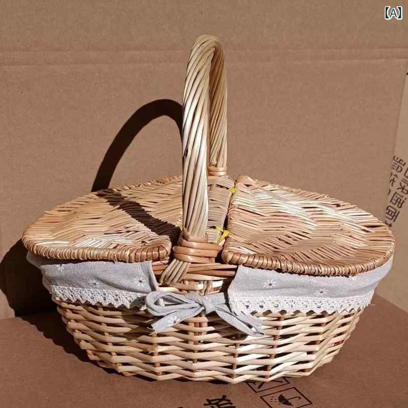 ピクニックバスケット 柳編 藤編 竹編 果物用 手提げ 蓋付き ショッピングカゴ 編み込み 花柄 収納ボックス 麻布 木質 田園スタイル ナチュラルカラー チェック柄 印花柄 デコレーション 堅果収納 スーパー用 デスクトップ 軽量 実用 現代簡約