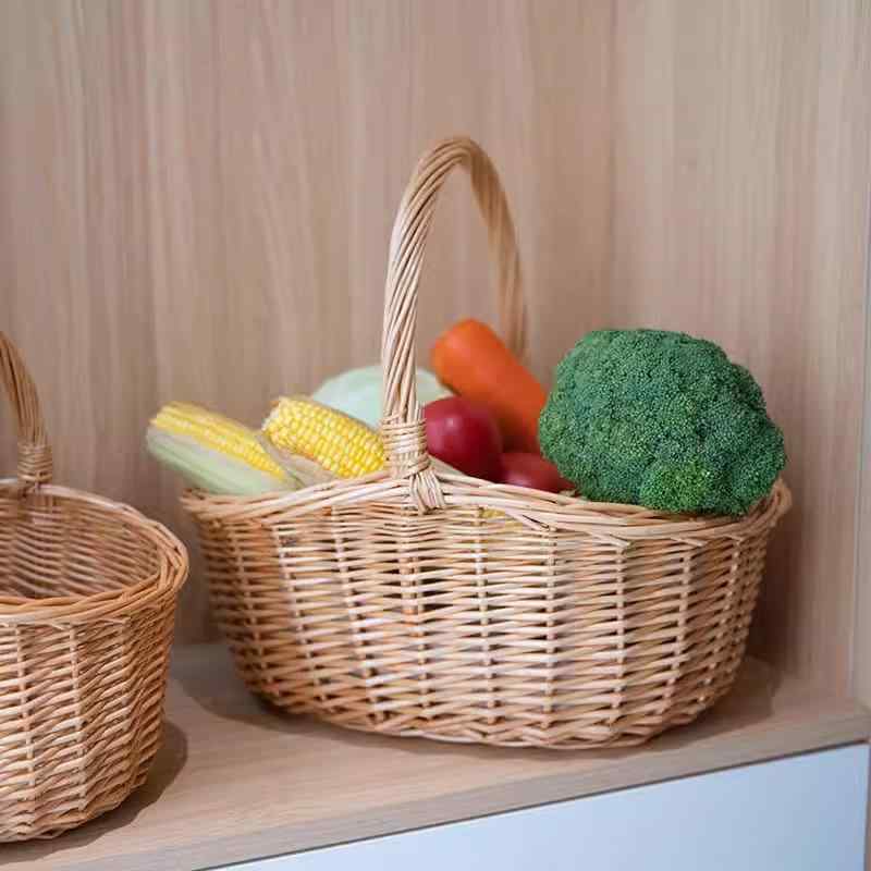 柳編 手提 バスケット 藤編 果物 収納 かご 竹編 竹かご 野菜かご ピクニック バスケット 田園風 ホーム 収納 自然素材 軽量 実用 キッチン インテリア 通年使用 日常使い