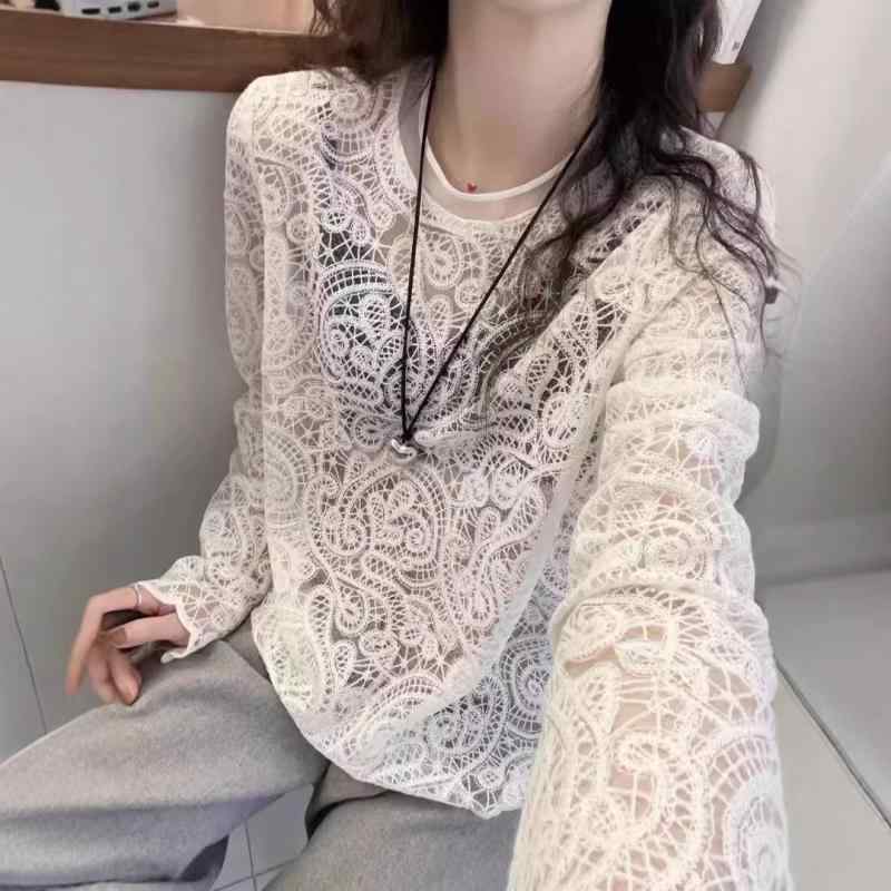 レディース レース刺繍 インナートップス 長袖 透け感 切り替え 綿素材 接触冷感 伸縮性 軽量 丸首 ルーズフィット 米白色 シンプル かわいい 私服 春夏 快適 普段使い トップス インナー シャツ