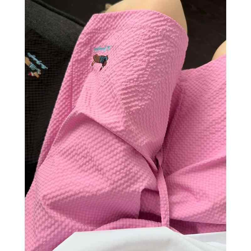 メンズ 短パン 夏用 刺繍 接触冷感 速乾 ポリエステル ワイドシルエット ノンストレッチ スポーツスタイル ビーチウェア 普段使い 軽量 通勤 屋外活動 ネイビー ブラック ピンク アイボリー グレー