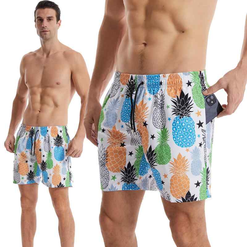 メンズ 沙?パンツ 速乾 ショートパンツ 男性用 ビーチウェア スポーツ 夏用 大きいサイズ ゆったり 4分丈 ストライプ柄 チェック柄 無地 迷彩柄 花柄 ドット柄 ポリエステル混紡 軽量 直筒 インナー付き サーフィン スイム アクティブ 橙色 赤