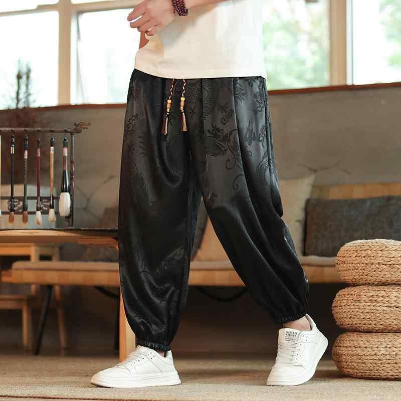 メンズ ロングパンツ ワイドレッグ 中国風 龍模様 接触冷感 素材 コットン混紡 ポリエステル 微弾性 免?加工 印花デザイン 中腰 紐締め 直筒 シルエット ゆったり フィット 休?スタイル 通勤 普段使い アウトドア 対応 ホワイト ブラック レッド