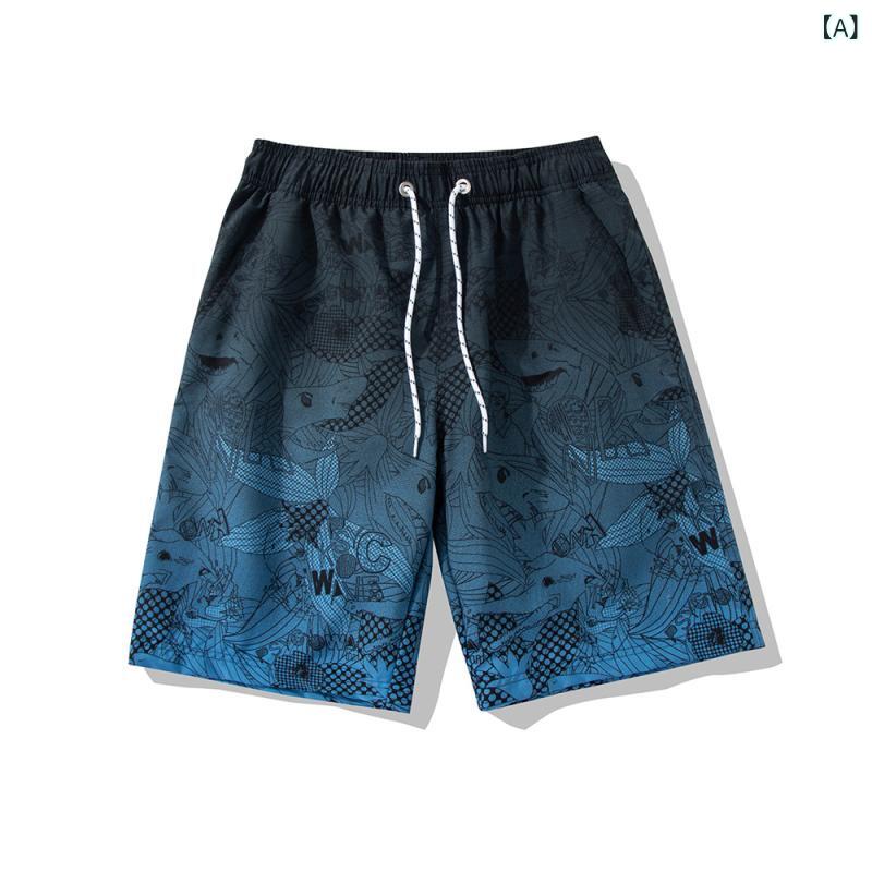 メンズ 沙?パンツ グラデーションカラー 夏用 半袖 5分丈 ビーチウェア 軽量 速乾 ポリエステル 混紡 ストレートシルエット ゆったり ロゴプリント ライトブルー ダークブルー グレー グリーン レッド 通勤 休日 街着 青年向け
