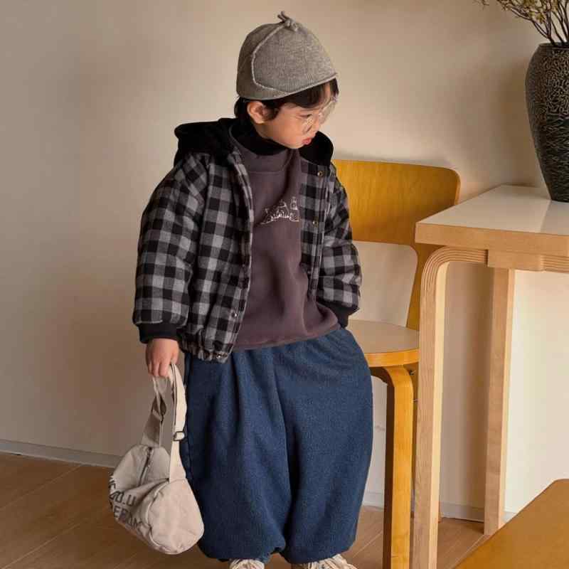 キッズ ユニセックス コットン 保暖 フード付き 長袖 短丈 コート ジャケット トップス ブラック 冬 韓風 柔軟 格子柄 加厚 防風 切り替え 吸湿速乾 軽量 通年 室内外 遊び着