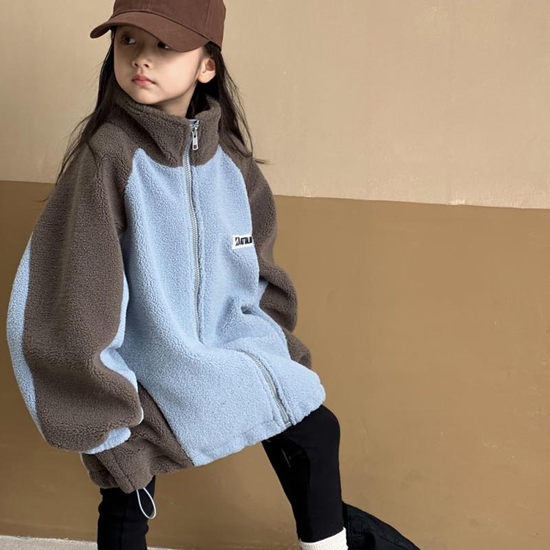 キッズ 女の子 秋冬 フリース コート 長袖 フード付き 厚手 暖か 柔軟 ポリエステル 切り替え グレー ブルー かわいい プリンセス スポーツ 短丈 コットン風 伸縮性 軽量 日常使い 通学 110cm 120cm 130cm 140cm 150cm