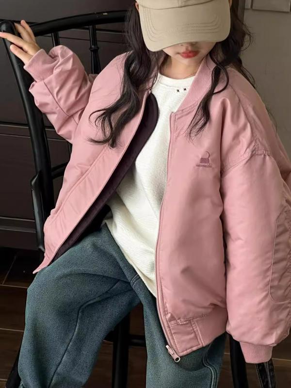 女児 コート メンズ 秋冬 厚手 綿 素材 長袖 立襟 短丈 ジッパー 閉じ デザイン ピンク ディープパープル 両面着用 韓国風 かわいい スポーツ プリンセス スタイル 柔らかい 肌触り 女の子 子供服 8歳以上 中学生 女児 秋冬服 厚暖か コット