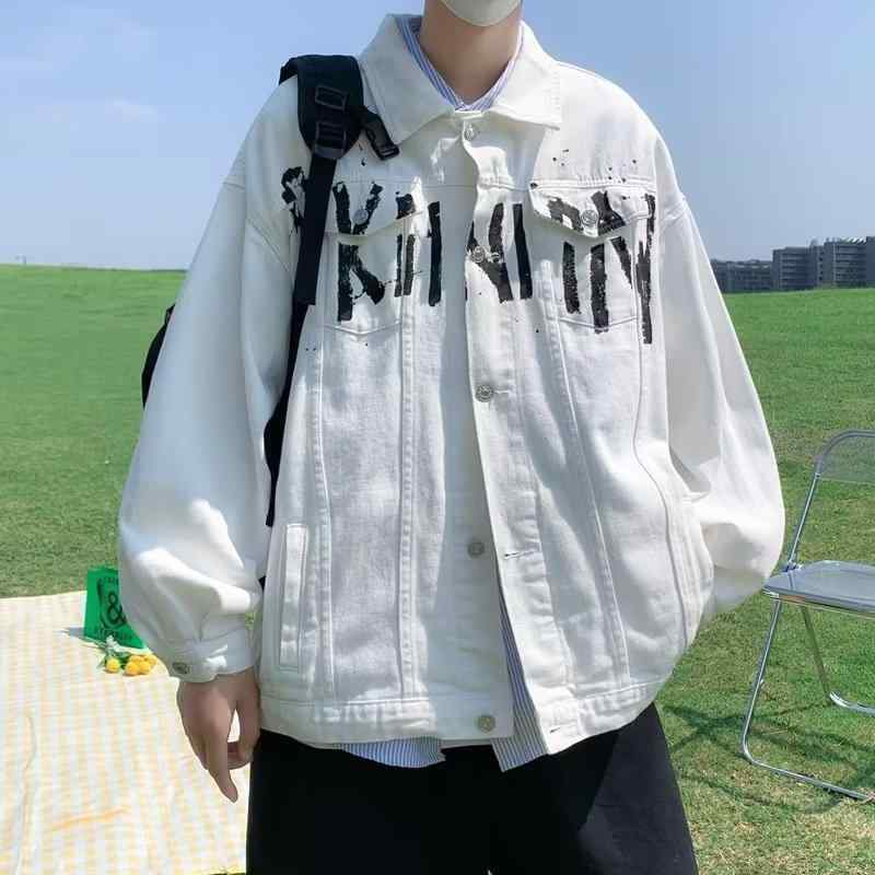 メンズ ジャケット 春秋 コットン混紡 ポリエステル 男性用 ゆったり ルーズフィット ロングスリーブ スタンダードスリーブ スタンドカラー シングルブレスト ノーブレザー ミドルレングス ストレートヘム サイドポケット プリント柄 無地柄 ブラック ホ