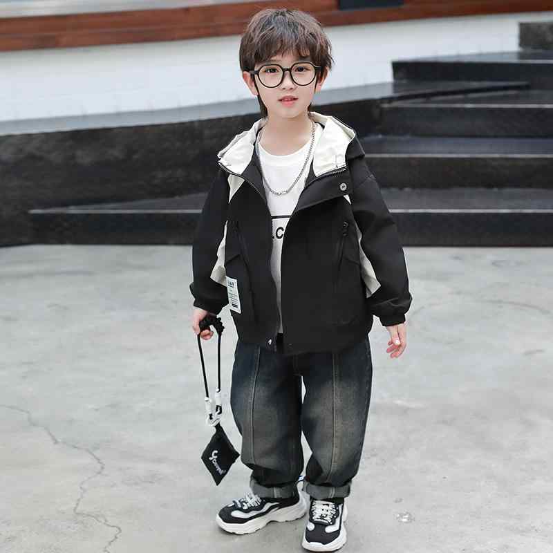 キッズ 男の子 春秋 連帽 ジャケット 風衣 コート トレンチコート 紫色 ブラック 長袖 立領 ジッパー 短丈 柔軟 ポリエステル コットン混 吸湿速乾 軽量 伸縮性 韓流 カジュアル ストリート 普段使い アウトドア 遊び着