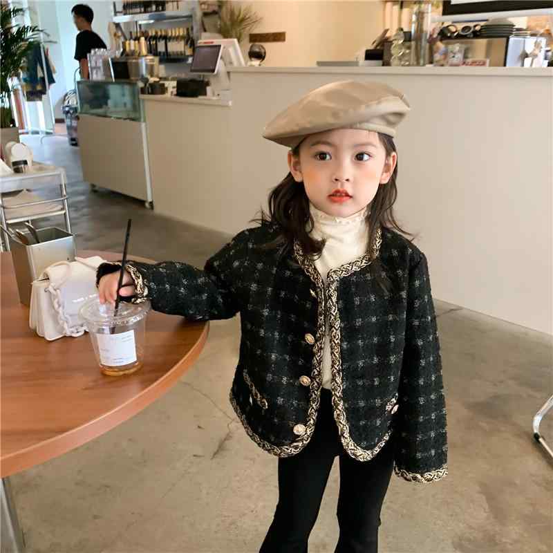 キッズ 女の子 秋冬 コート ジャケット 短丈 黒 格子柄 長袖 丸首 単排ボタン 厚手 プリンセス トレンド 韓国スタイル コットン風 ポリエステル 100パーセント 3～8歳 90～140cm 暖か 軽量 普段使い 学校着 カジュアル