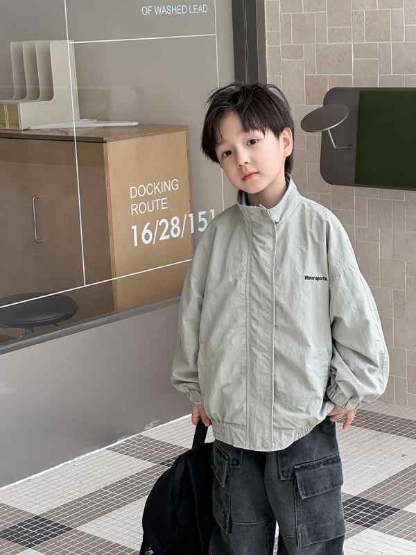 キッズ 男の子 女の子 秋 韓風 スタイリッシュ 刺繍 アルファベット プリーツ ジャケット 長袖 ラップトップ 短丈 柔らかい ナイロン 100% ポリエステル ライニング ジッパー ピンク グレー ユニセックス 3-8歳 100-140cm 普通厚