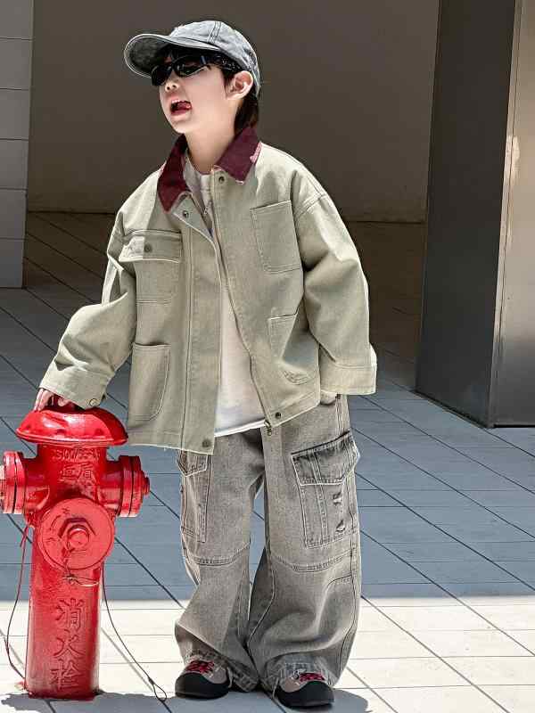 キッズ 男の子 秋冬 ジャケット 工装 コットン 長袖 短丈 韓版 トレンド 柔軟 運動 スタイル コットン100% 普通厚 ジップアップ フラップカラー ラッキーアイテム 伸縮性 吸湿速乾 秋服 子供服 普段使い アウトドア
