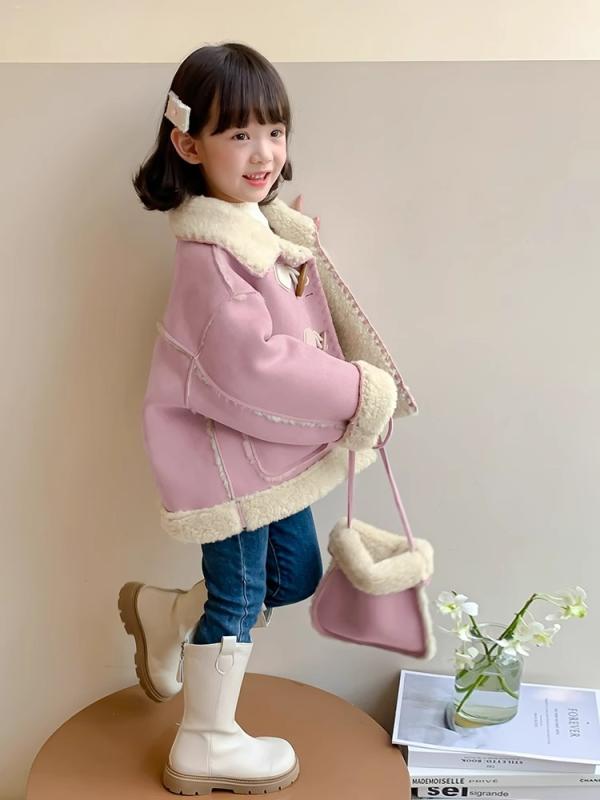 女の子 秋冬 コート キッズ ジャケット ロングスリーブ 短丈 ダブルブレスト コットンライク 柔らかい かわいい 田園風 フラワーエッジ プリンセス トレンド ピンク ブラウン 3～8歳 100～140cm