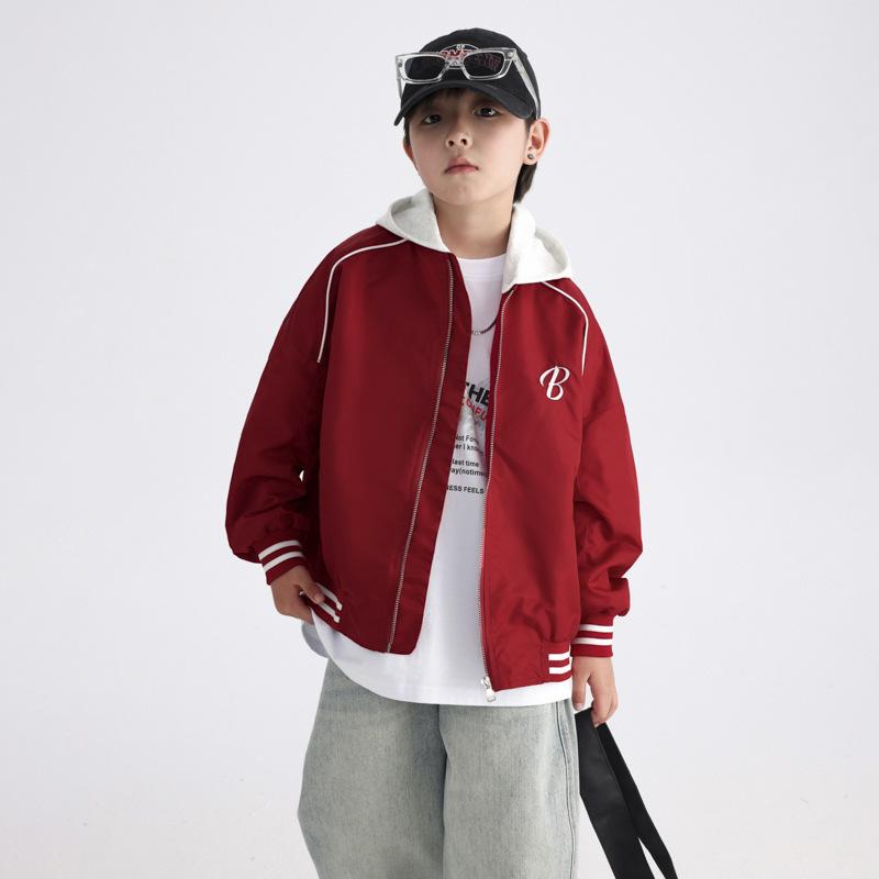 キッズ 男の子 秋 ジャケット 取り外し可能 フード 野球 スタイル 短丈 長袖 ラウンドネック ジッパー ポケット コットン ライク ポリエステル 柔らかい 素材 伸縮性 吸湿速乾 赤 紫 ネイビー 8歳以上 中学生 普段使い 学校 スポーツ 街着 カ