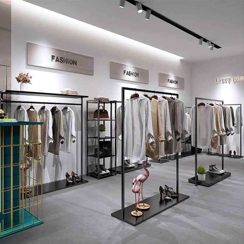 衣類収納 展示ラック 金属製 黒色 シンプル 男女服店用 落地 ハンガーポール サイドハング クロスハング シューズラック バッグラック 多機能 耐久性 整理整頓 店舗陳列 商用