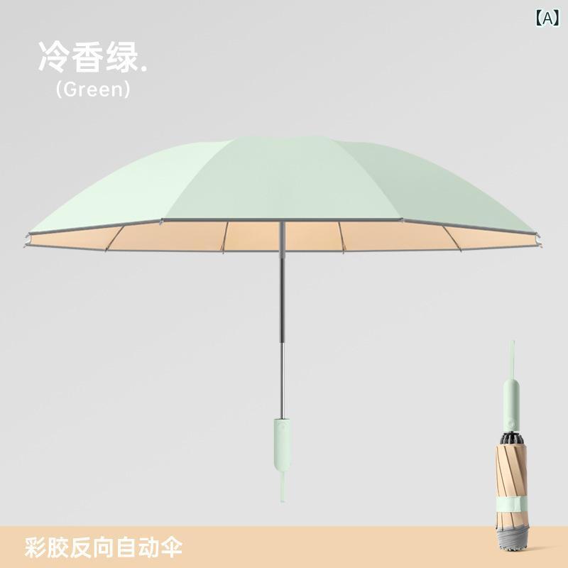 レディース 自動 折りたたみ 逆さ 傘 彩色 コーティング 雨晴兼用 コンパクト ポータブル UVカット 防紫外線 太陽 傘 10本骨 合金 フレーム 衝撃布 素材 防水 耐久性 冷香グリーン 天空ブルー 桜花ピンク 月光ホワイト ディープブルー ブラッ