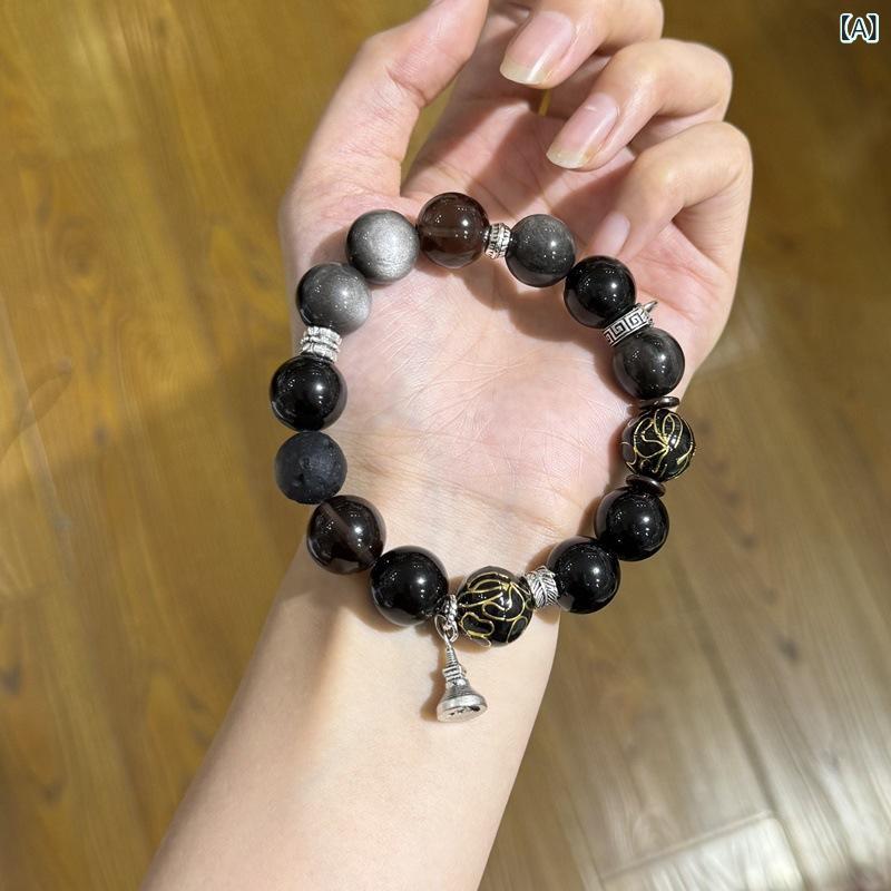 卸売 人気の シルバーストーンブレスレット、 ファッショナブルで パーソナライズ さ れた ブラックストーンブレスレット、 ニッチ ブレスレット、 卸売 仏 珠 レ トロ