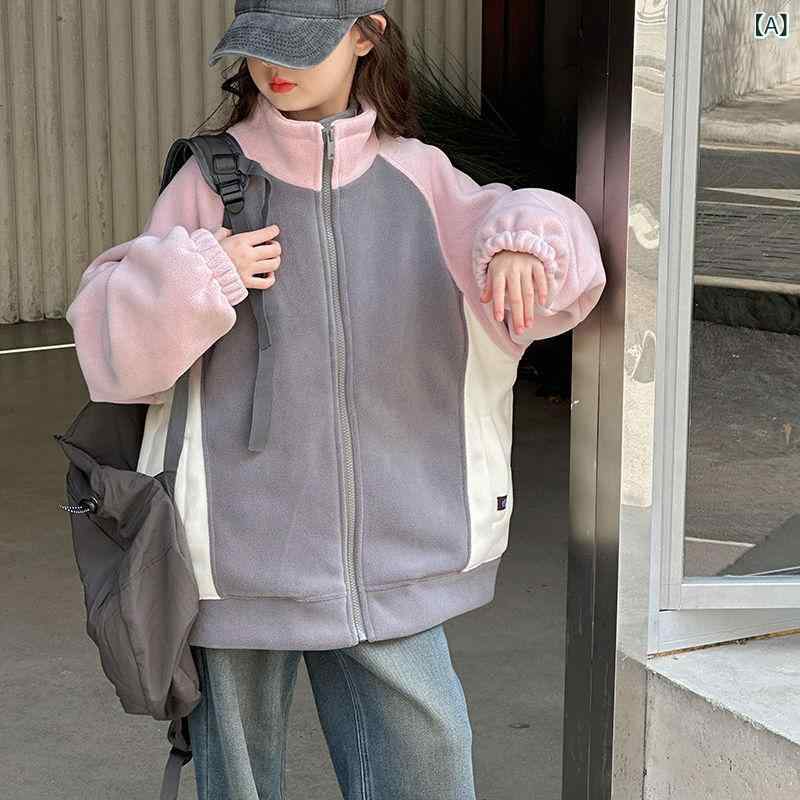 女の子の 韓 系の 色 合わせの コートの 冬の 中で 大きい 子供の 秋冬の 新型の 高い 襟の ファッションの カジュアルな 百 合の 長袖の ファスナーの シャツ