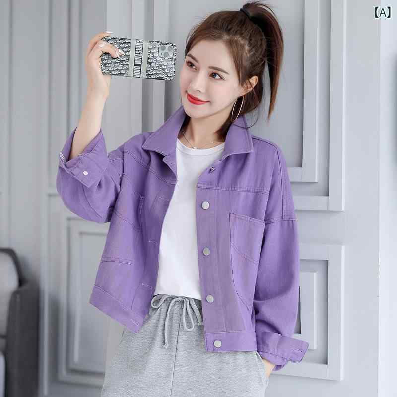 紫の 工 装 デニムの コートの 女性の 短い 韓国 版 春秋の 服の 新型の ゆったり した 学生の 小さい 子供の ジャケットの 上着の 女性