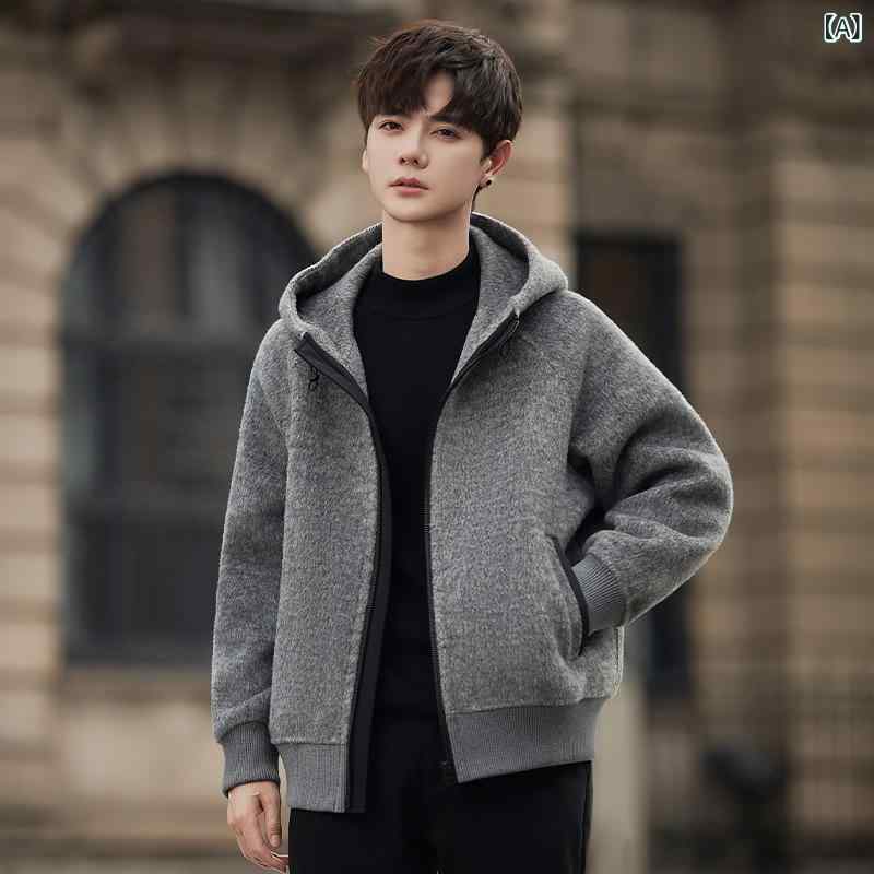 Y 006 新型 フード 付き 両面 ラシャ コート 男性 カジュアル 純 色 ゆるい ウール ジャケット 毛