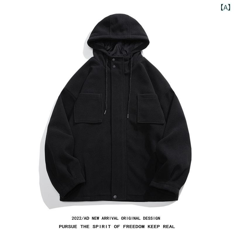 毛の コートの 男性の 秋冬の 厚い 短い タイプの 帽子の 風の 服の 韓国 版の 潮流の ゆったり して いる ラシャの 大きい サイズの 工 装の コート
