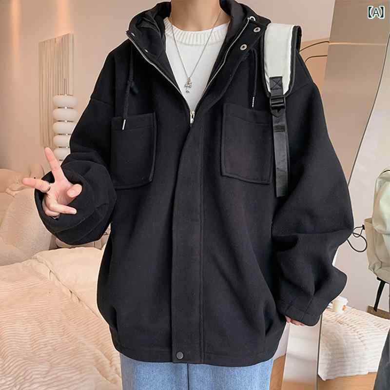 毛の コートの 男性は 秋冬に 短い タイプを 厚く して 帽子の 風の 服の 韓国 版の 潮流の ゆったり して いる ラシャの 工 装の 上着を 持ちます。