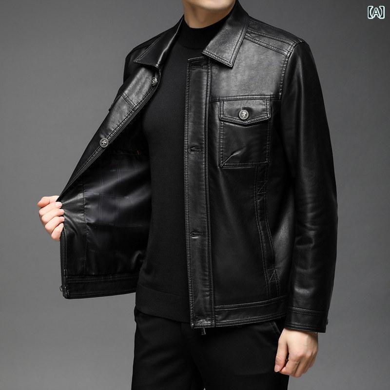 新しい 革の 服の 男性の 秋冬の ベルベットの 保温の 革の ジャケットは 短い タイプの お父さんを 修理 します。