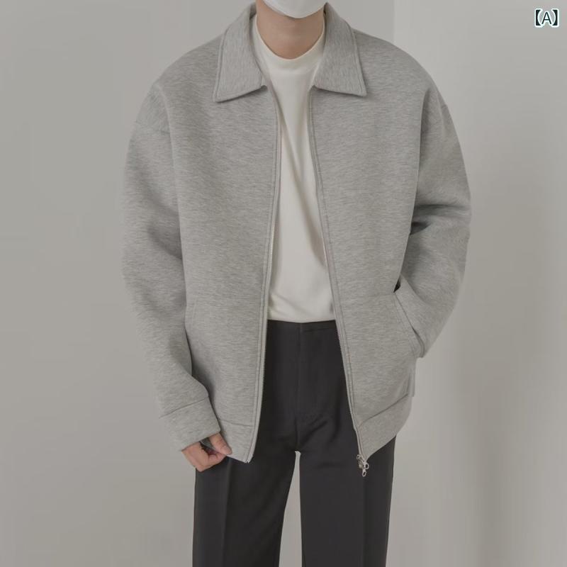 韓国の 2024 年 秋の 新型 男性 カジュアル グレーの 襟 付き ジャケットが ゆったり して います。