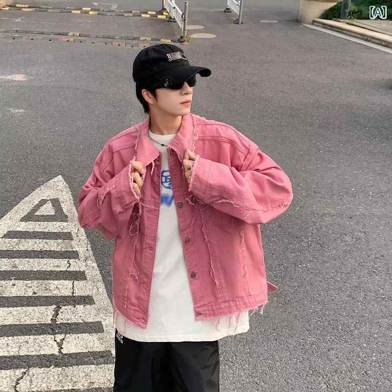 2023 春秋の 毛の 縁の デザイン 感の デニムの コートの 男性の 短い タイプの 水洗いの 復古の 潮流は カジュアルな ジャケットを すりつぶします。