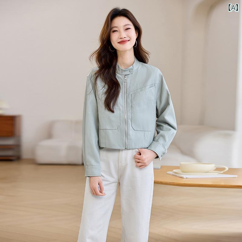 韓国 系の レ トロな 小さい 背の 短い puの 皮の 服の 女性の 春の 服の 新型の ファッションの カジュアルな 機関 車の 風の 立 襟の ジャケットの コート
