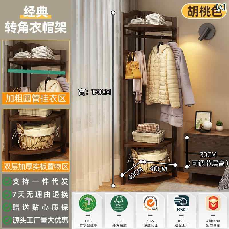 寝室用 転角 衣類ハンガー 簡易 家用 フロアスタンド 衣類ハンガー 加粗 壁角 ハンガー コーナー 帽子置き 置物ラック 楠竹 素材 現代 シンプル スタイル 多機能 ウォールナット 色 原木 色 白色 軽量 耐久性 省スペース 収納 家具