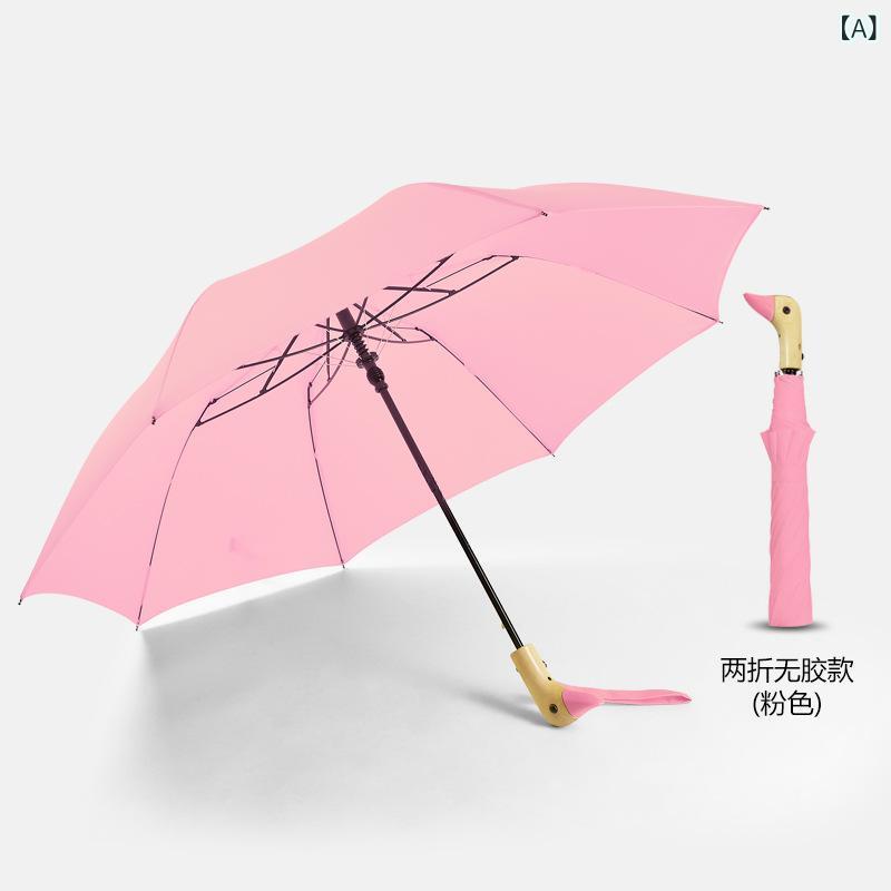 レディース 折りたたみ傘 かわいい ダック柄 自動開閉 木柄 黒膠加工 防晒 雨傘 UVカット UPF50以上 ピンク イエロー レッド ブラック 多色展開 軽量 鉄骨 8本骨 21インチ 半径50-55cm 接触冷感 吸湿速乾 通勤 普段使い アウトド