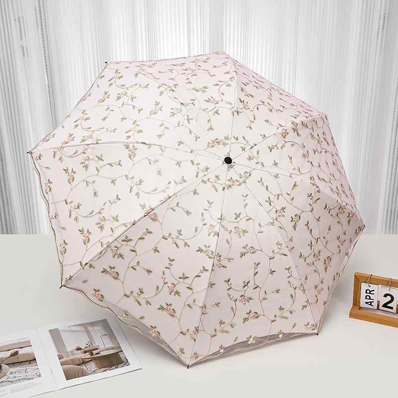 レディース 折りたたみ日傘 刺繍 レース デザイン 花柄 蔓柄 春藤柄 UVカット 紫外線対策 防・鷹 遮陽 晴雨兼用 コンパクト 軽量 女性用 手動開閉 8本骨 鉄中棒 刺繍布 春夏 ピンク ブルー ホワイト ブラック かわいい 復古風 プリンセススタイ