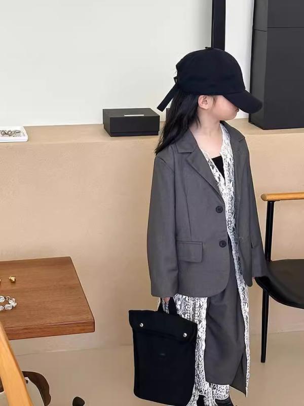 女児 西装 セット 長袖 開衫 長ズボン 2点セット 韓版 グレー 綿混紡 柔軟 ポリエステル 春季 秋季 中小児 3～8歳 100～140cm 純色 単排扣 潮スタイル カジュアル 通学 普段使い
