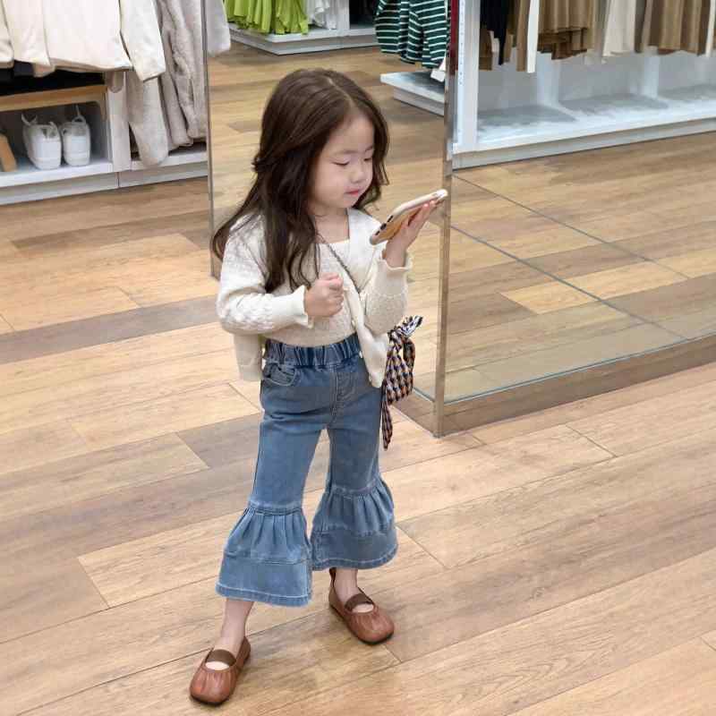 女児 キッズ 3点セット 針織 レースアップ 長袖 カーディガン 吊帯 トップス デニム ワイドパンツ 綿素材 春秋 純色 休? 普段使い 伸縮性 軽量 通気性 かわいい シルエット ベーシック スタイル 3~8歳 100~140cm