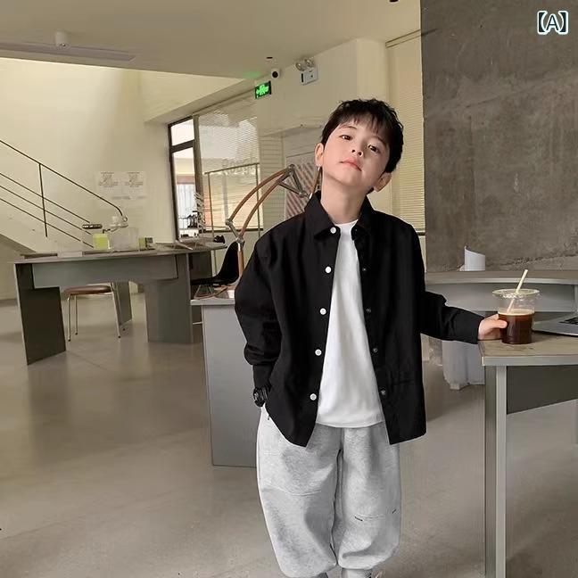 キッズ 男の子 長袖シャツ トップス 春秋 綿混紡 柔らかい ポリエステル 条紋 無地 カードプリント 開襟 ゆったり デザイン カジュアル 黒 白 緑 110cm 120cm 130cm 140cm 150cm 160cm 170cm