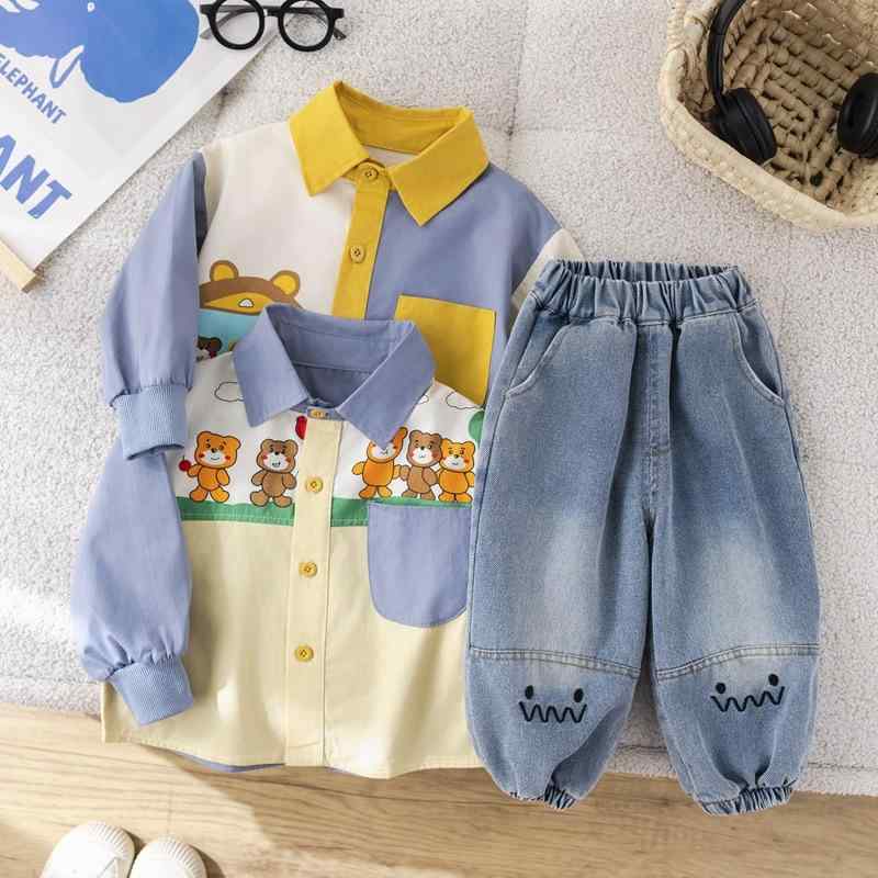 男の子 長袖 春秋 綿 トップス ロングパンツ セット かわいい 手描き クマ プリント 動物 柄 コットン 95% 柔らか 素材 普通 厚み 開襟 デザイン スタンダード 長袖 長ズボン 1-5歳 ベビー キッズ 子供服 幼児 男児 普段使い 秋冬 対