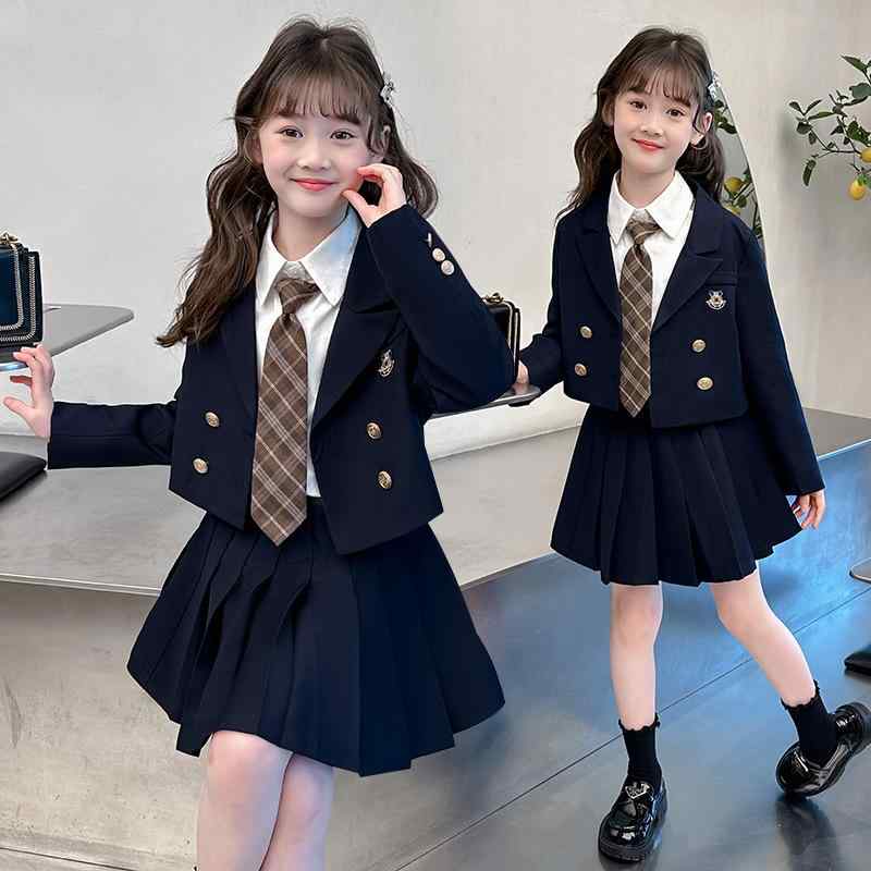 女児 学院風 セット スーツ ジャケット コットン シャツ プリーツ スカート 長袖 春秋 化繊混紡 ポリエステル 柔軟 酵素洗 普通厚 無地 潮范 開衫 単排ボタン 110cm 120cm 130cm 140cm 150cm 160cm 中大児 8歳以