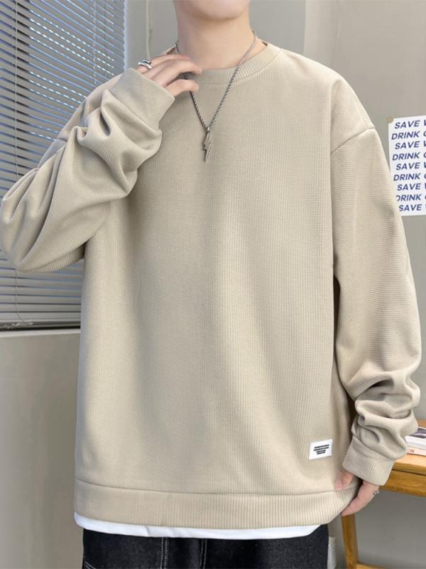 メンズ 長袖 丸首 トップス ワッフル柄 シャツ 秋冬 コットン 混紡 ワイドフィット ゆったり シルエット レイヤリング インナー シャツ 日常 着こなし ライトウェイト 伸縮性 素材 ブラック グレー ベージュ ホワイト ライトブルー 秋 冬 シーズ