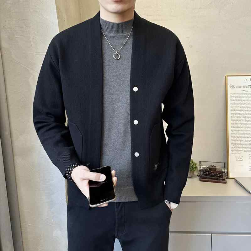 メンズ カーディガン ニット トップス セーター 開き前 長袖 直筒 翻領 提花柄 透気性 化繊混紡 ?? ブラック ベージュ 春 秋 青年 日常 韓国風 ファッション ゆったり 軽量 カジュアル レイヤード コーデ 暖か スタイリッシュ