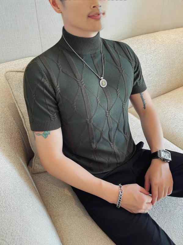 メンズ 半高領 短袖 ニットセーター 菱形格子柄 修身シルエット 伸縮性 再生繊維 春夏 秋冬 日常 イン アウター トップス グリーン ブラック グレー ホワイト パープル イギリススタイル 提花加工 軽量 吸湿速乾 青年向け カジュアル