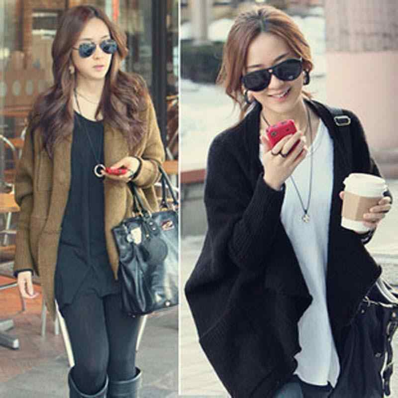 秋冬レディース 針織開衫 蝙蝠袖 中長丈 ショール ワイドシルエット 毛衣 外套 長袖 無領 純色 螺紋 かき色 ブラック 均一サイズ ゆったり 暖か 通勤 普段使い 単品 クロスボーダー 東南アジア風