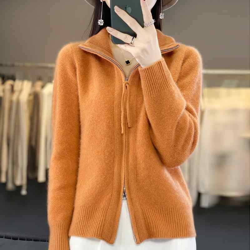 カーディガン 女性用 春秋 ラージサイズ ゆったり ジッパー ニット セーター 羊毛 トップス 長袖 ポロカラー 純色 グレー オレンジ ピンク ホワイト 杏色 ブラック キャメル 吸湿速乾 軽量 伸縮性 私服 御姐風 カジュアル 普段使い