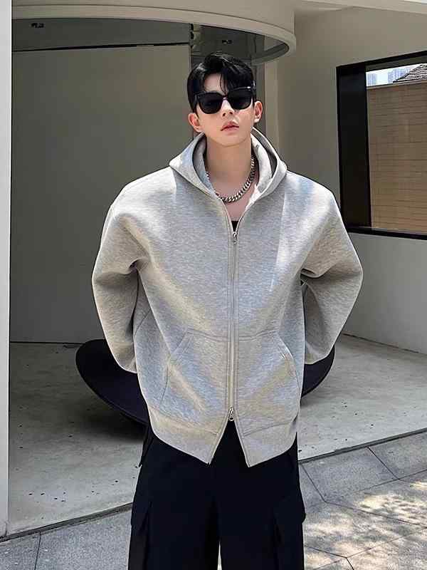 メンズ 秋冬 フード付き ジップアップ オープンカーディガン トップス ゆったりシルエット 長袖 無地 ポリエステル コットンライク 厚手 軽量 暖か 通勤 普段使い カジュアル ブラック グレー